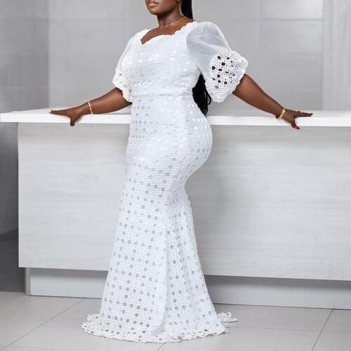 Elegant Party White Long Plus Size Dress Women Sexy Bodycon Cut Out Lace Puff Sleeve Floor-length Large Sizes Maxi Dresses 2021