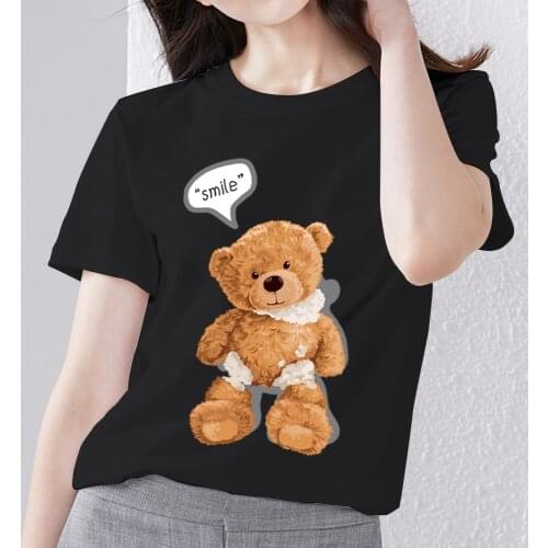 Womens T-shirt Commuter Top Cartoon Teddy Bear Pattern Series Printed Classic O-neck Fashion Comfortable Soft Ladies Clothing