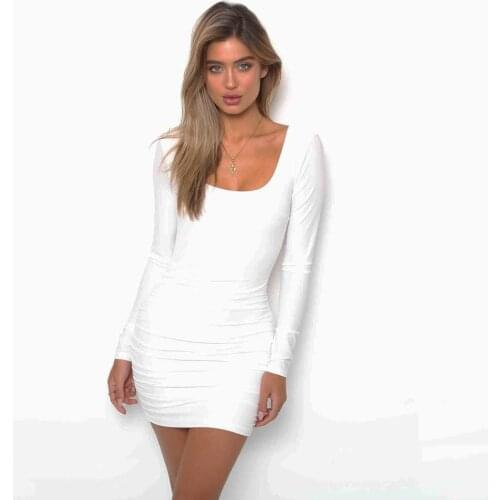 Summer New Sexy Casual Commutes Womens Black and White U Collar Long Sleeve Elastic Tight Fold Mini Short Knit Dress
