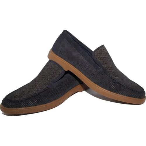Handmade Dark Blue Summer Loafers with Pereforated Breathable Suede, Natural Calf Skin, Soft Flexible Rubber Sole, Mens Shoes