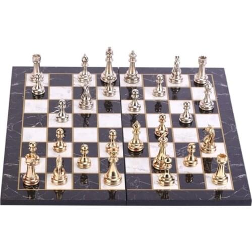 Metal Classic Chess set Bright and Folding Marble Embossed MDF Wood Chess Board (43x43 cm.) high Quality Elite Product