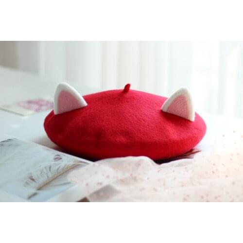 Sweet Princess Lolita Hat Japanese Style Mori Girl Kawaii Cat Ear Hat Winter Woolen Warm Beret Manual Wool Beret Cap