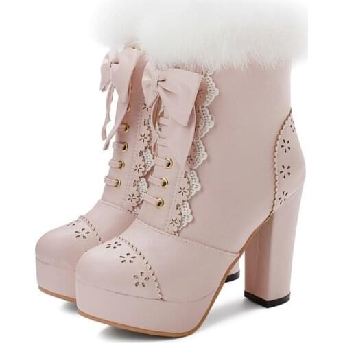 Sweet Womens Lolita Bowtie Lace Up Ankle Boots Block Heel Shoes Big SZ 34-48 Warm Winter Thick Mary Jane