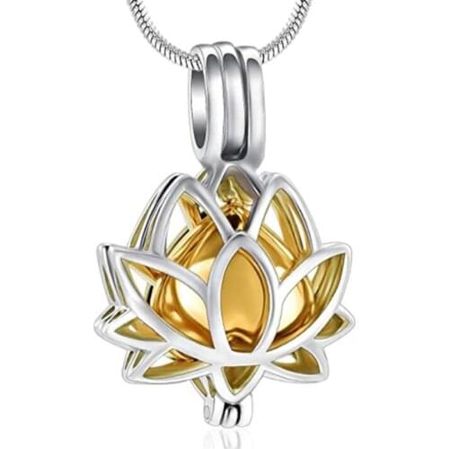 Stainless Steel Gold Lotus Flower Openable Cremation Urn Pendant Necklace Jewelry Ash Gift For Him with Snake Chain