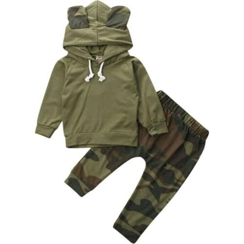 Long Sleeve Autumn Winter Boys Clothes Newborn Infant Baby Boy Girls Long Sleeve Cartoon Ear Camo Hooded Pants Outfit Set