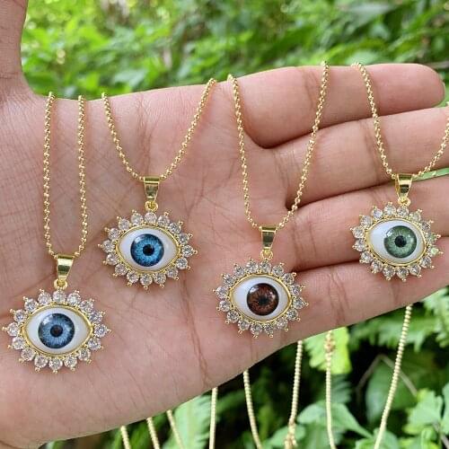 10Pcs Wholesale New Trendy Dainty Gold Plated Eyes Necklace Blue Evil Eyes Cz Crystal Pave Pendant Necklace For Women