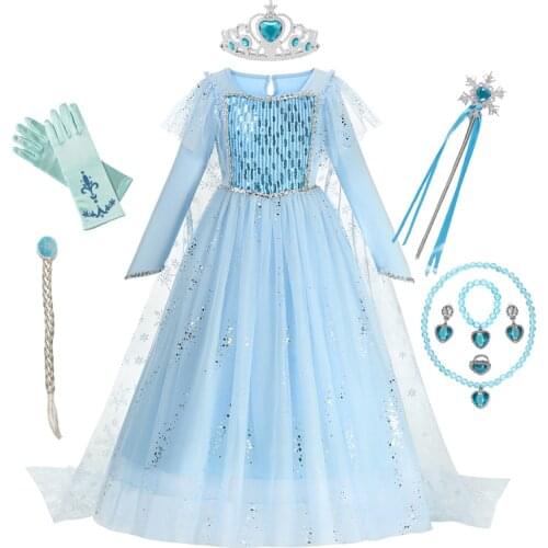 Elsa Dresses Party Birthday Elsa Cosplay Costume Sequin Tulle Snowflake Long Sleeves Dress Up Princess For Halloween