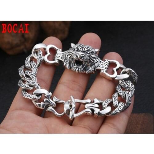 Real s925 sterling silver jewelry trend personality domineering retro Thai silver creative lion head mens wild bracelet