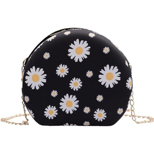 Daisy Print Shoulder Bags Zipper PU Leather Mini Messenger Bag Girls Crossbody Bag Round Satchel Handbags