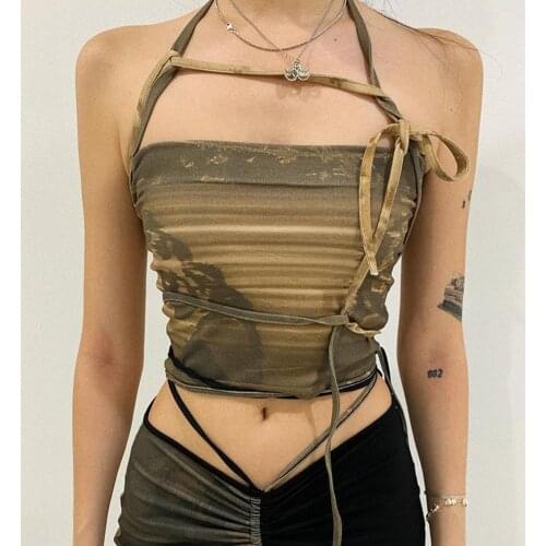 TIESOME Summer 2021 Sexy Party Bandage Print Short Crop Tops For Womens Camisol Sexy Backless Fashion Punk Slim Tank Top