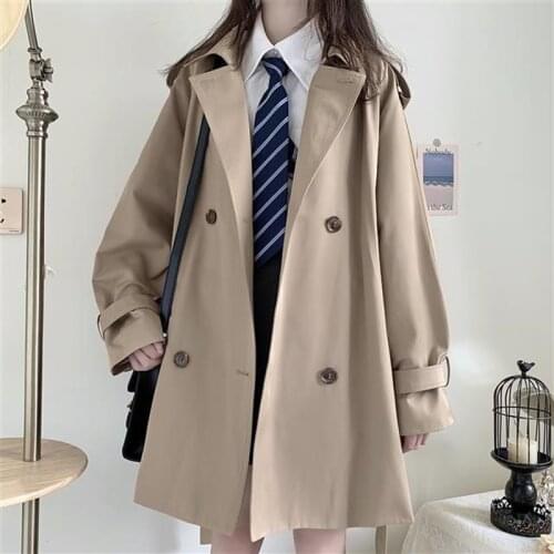 Mid-length Trench Coat Harajuku Preppy Style Double-breasted loose Polo Collar Japanese style Coat Korean Vintage Womens Coats