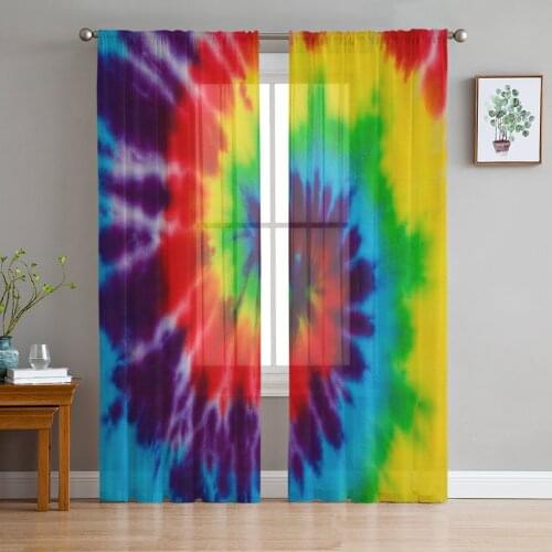 Rainbow Tie-Dye Color Ethnic Style Tulle Curtains for Living Room Bedroom Decoration Chiffon Sheer Voile Kitchen Window Curtain