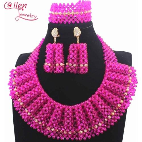 Fuschia Pink Crystal Beaded Bridal Necklace Set Romantic Mix Chunky Bib Women African Jewelry Sets New Year Gift Free ShipW14038