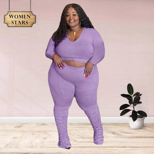 Plus Size 2 Piece Set Women Fall Clothing Casual Ribbing Long Sleeve Crop Top Stacked Leggings Pants Sets Wholesale Dropshipping