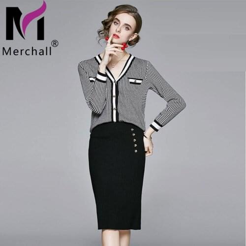 Spring Autumn Office Lady Knit Set Suit V Neck Tops and High Waist Midi Skirt Women 2021 Runway Design Two Piece Sets M58228