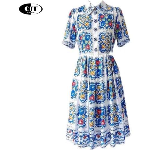 Designer Runway Summer Party Midi Dresses For Women Fashion Vintage Printed Short Sleeve Buttons Elegant Beach Chic Dress Lady Z