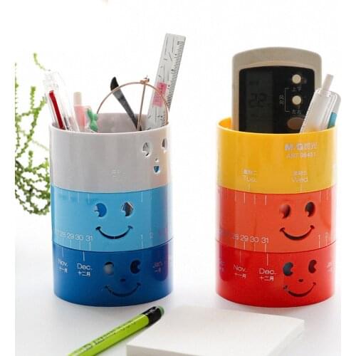 1pcs Rotatable PS Cute pen holder Calendar Cylinder Pen Storage Box Makeup Brush Container Home Office Supply