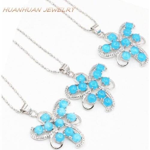 30x34mm Blue Jades Natural Stone Pendant Charms For Women Flower Shape Stainless Steel Necklaces & Pendants Chain Jewelry B3328