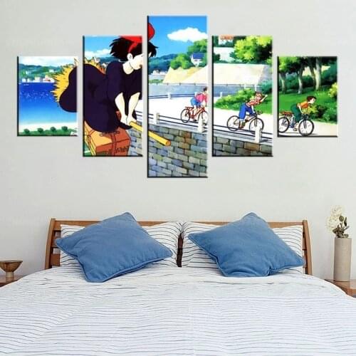 5 Pieces Of Japanese Anime Canvas Painting Girl And Cat Wallpaper Magic Kiki Picture Home Decor Bedroom Gift Poster