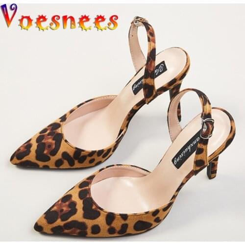 Voesnees Leopard Print Sandals Women Sexy Thin Heels Buckle Strap Flock Female Shoes Stiletto Pointed Toe Back Empty High Heels