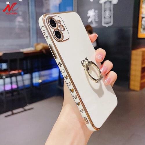 Diamond Ring Holder Phone Case for iPhone 12 11 Pro Max 12 Mini Luxury Plating Love Heart Cover for iPhone X Xs Xr 7 8 Plus SE 2