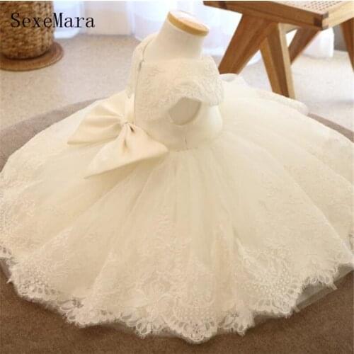 New Ivory White Lace Infant Girls Dress Princess First Birthday Dress with Bow Children Christmas Party Gown Photoshoot