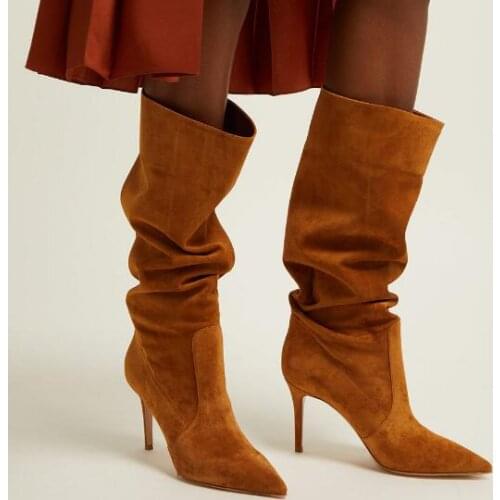 Dipsloot Spring Brown Dark Blue Solid Color Pointed Toe Slip On Pleated Long Boots Woman Stiletto Heels Knee High Tube Botas