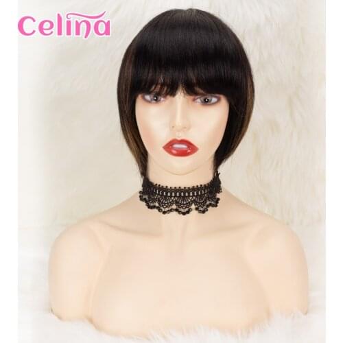 Short Bob Human Hair Wigs With Bangs Straight Human Hair Wig Full Machine Made Pixie Cut Wig Brazilian Cheap Wig For Black Women
