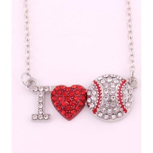 Hot Selling zinc studded with sparkling crystal I LOVE BASEBALL charm link chain necklace