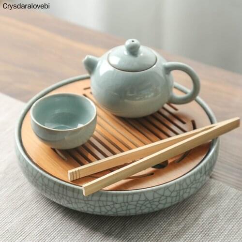 Longquan Celadon Tea Set Small Tea Tray Ceramic+Bamboo Water Storage Tea Table Tea Simple Round Tea Saucer Tea Plate