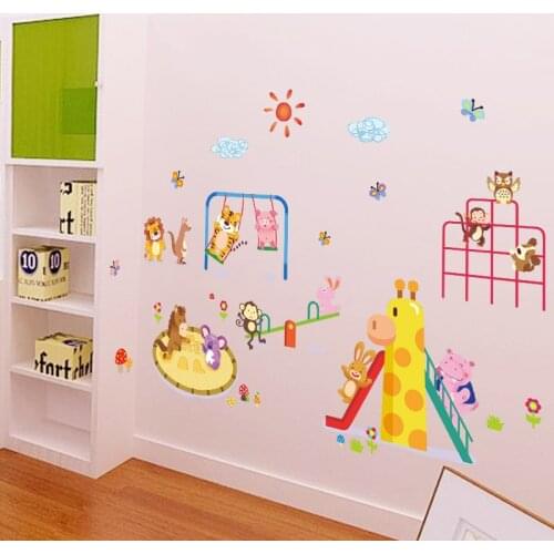 Lovely Zoo Animals Playground Wall Sticker For Kindergarten Kids Room Home Decoration Cartoon Safari Mural Art Pvc Wall Decals