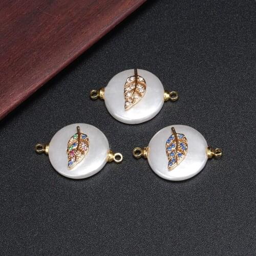 Multiple cz crystal micro paved gold leaf charm white flat coin pearl beads connector for bracelet earring choker jewelry DIY