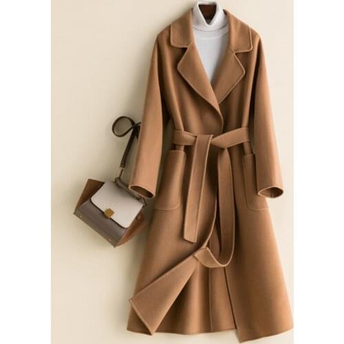 2020 Women Classic Double-faced Cashmere Coat Elegant Woolen Long Coat With Belt Open Stitch Design Winter Female Warm Coat