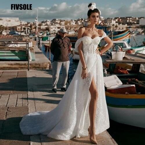 Fivsole Off Shoulder A Line Tulle Elegant Wedding Dress 2021 Sweetheart Charming Appliques Side Split Country Garden Bridal Gown