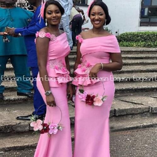 Bridesmaid Dresses Long Mermaid Pink Sweep Train Flower Appliques Wedding Party Robe De Soiree Demoiselle Vestido Longo