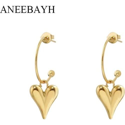 Trendy Gold Metal Solid Heart Dangle Earrings For Women 316L Stainless Steel Jewelry Open Circle Geometric Earrings Jewelry Gift