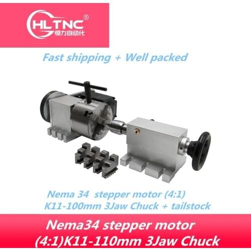 Free shipping Nema 34 stepper motor (4:1) K11-110mm 3Jaw Chuck 100mm CNC 4th axis A aixs rotary axis + tailstock for CNC