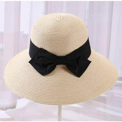 DONGYUN010 New girl lady casual bowknot ribbon sun hat panama Women holiday floppy beach straw hat caps