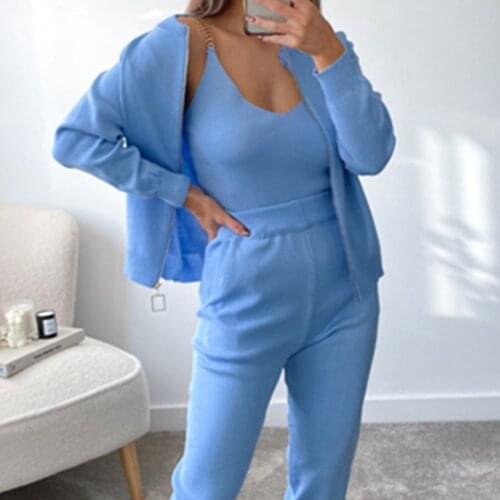 Knitting 3 Piece Set Women Set Outfits Suit Fashion Knitted Lounge Sets Vest Top Jogger Cardigan Home Wear Womens Clothes 2021
