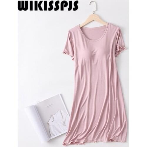 WIKISSPJS 2021 Summer New Modal SHORT SLEEVE BRA Free Short Size Ruffle Dress Womens Housewear Women Sleepwear Sleeping Dress