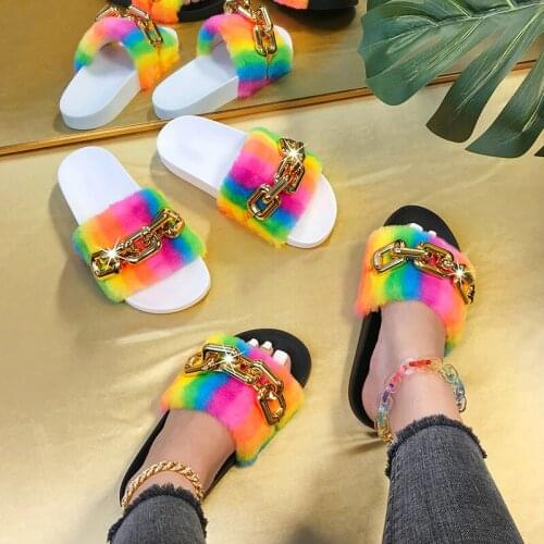 2021 Womens Summer Slipper Ladies Mixed Color Women Flat Beach Casual sandals Female Metal Chain Slides Fashion PU Leather Shoe