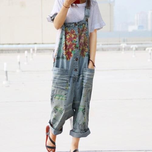 Women 2019 Leisure Loose Plus Size Denim Jumpsuits Overalls collapse Pants Ankle-length Strap Floral Print Denim Trousers