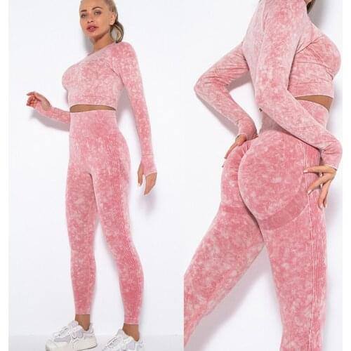 Women 2 Pcs Yoga Sets Leggings+Sports Long Sleeve Crop Top Compression Skinny Tights Fitness Gym Set Exercise Outfits