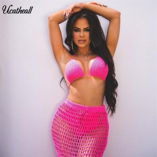 Summer Women Hollow Out Jumper Knit Skirt Suit V Neck Bra Top+ Skirt Suit Sleeveless Sexy Fishing Net Perspective Two Piece Set