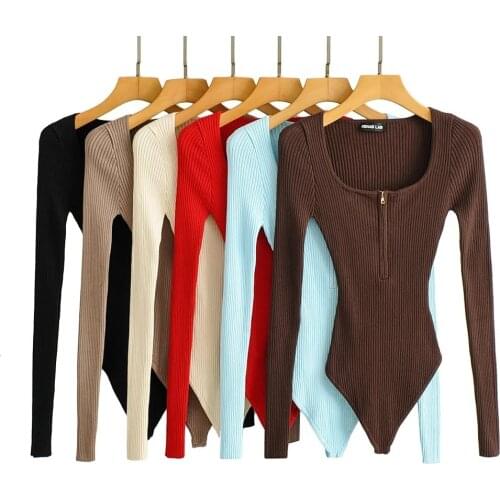 Autumn Winter One Piece Women Knitted Solid U Neck Long Sleeve Black Brown Red Blue Beige Khaki Top Bodysuit Bodycon Jumpsuit