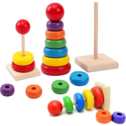 1 Set Wooden Stacking Ring Building Blocks Educational Toys for Kids Rainbow Tower Stack Up Nesting DIY Toys Funny Games