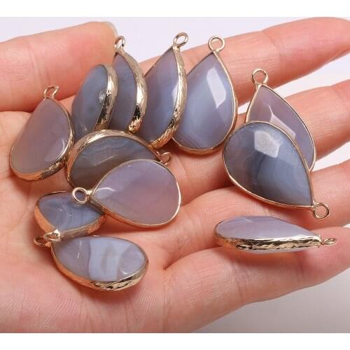 2Pcs Natural Stone Agates Pendants Faceted Gold plated Grey Agates for Jewelry Making Exquisite Earrings Necklace for Women