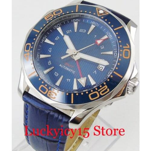 BLIGER Automatic Men Watch 41mm GMT Hand Date Window Ceramic Bezel Leather Strap Wristwatch