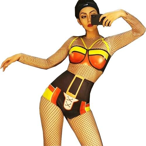 Personality Long Sleeve Black Net Jumpsuits Skinny Stretch Pole Dancing Romper Evening Prom Party Bodysuits Nightclub Costume