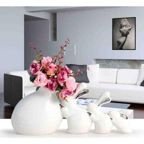 Modern Art Creative Ceramic Vase rabbit family Figurines Miniatures Wedding Gifts home decor tabletop flower vase handicraft